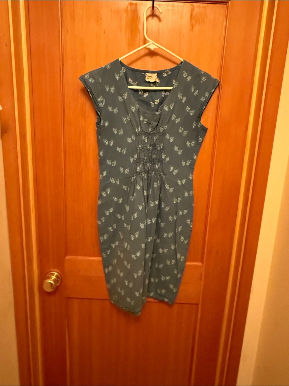Mata Traders Cotton Smocked Dress Slate Blue Gray Block Print Medium M